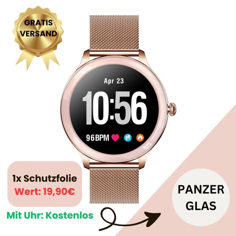 Alura Smartwatch in elegantem Metallgehäuse, dünn und leicht, ideal für Frauen, die Komfort und Stil schätzen.
