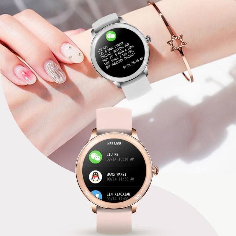 Alura Smartwatch in elegantem Metallgehäuse, dünn und leicht, ideal für Frauen, die Komfort und Stil schätzen.