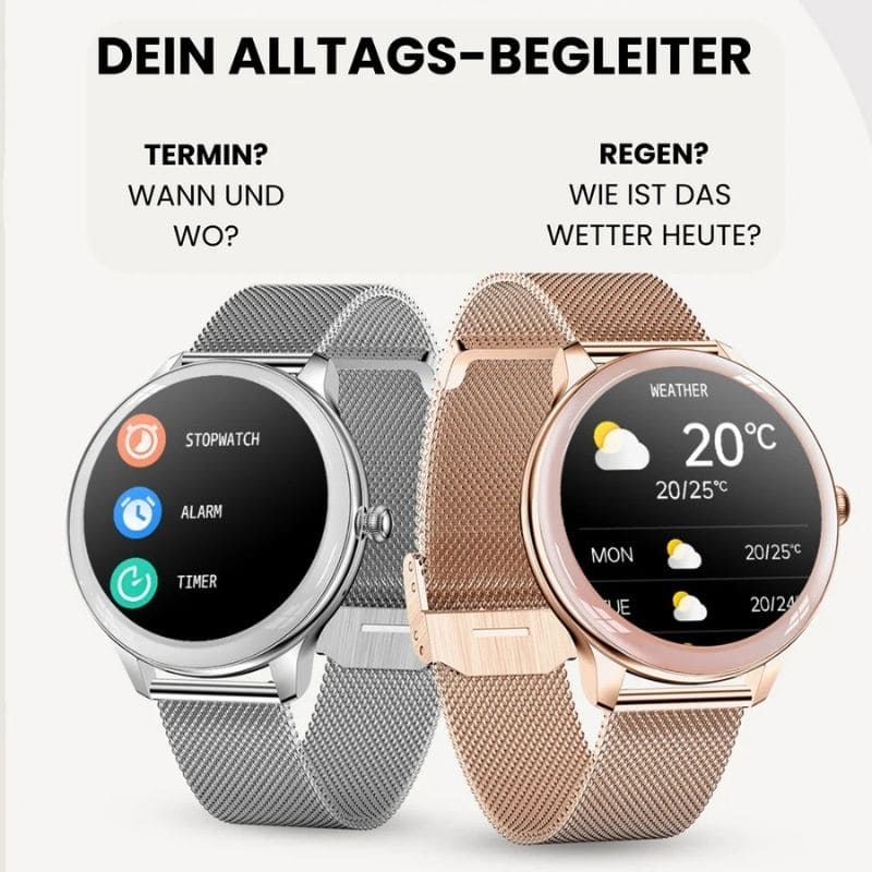 Alura Smartwatch in elegantem Metallgehäuse, dünn und leicht, ideal für Frauen, die Komfort und Stil schätzen.