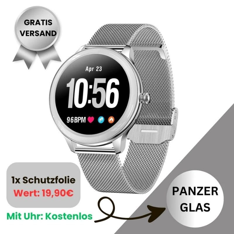 Alura Smartwatch in elegantem Metallgehäuse, dünn und leicht, ideal für Frauen, die Komfort und Stil schätzen.