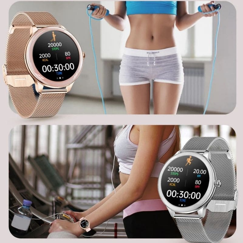 Alura Smartwatch in elegantem Metallgehäuse, dünn und leicht, ideal für Frauen, die Komfort und Stil schätzen.