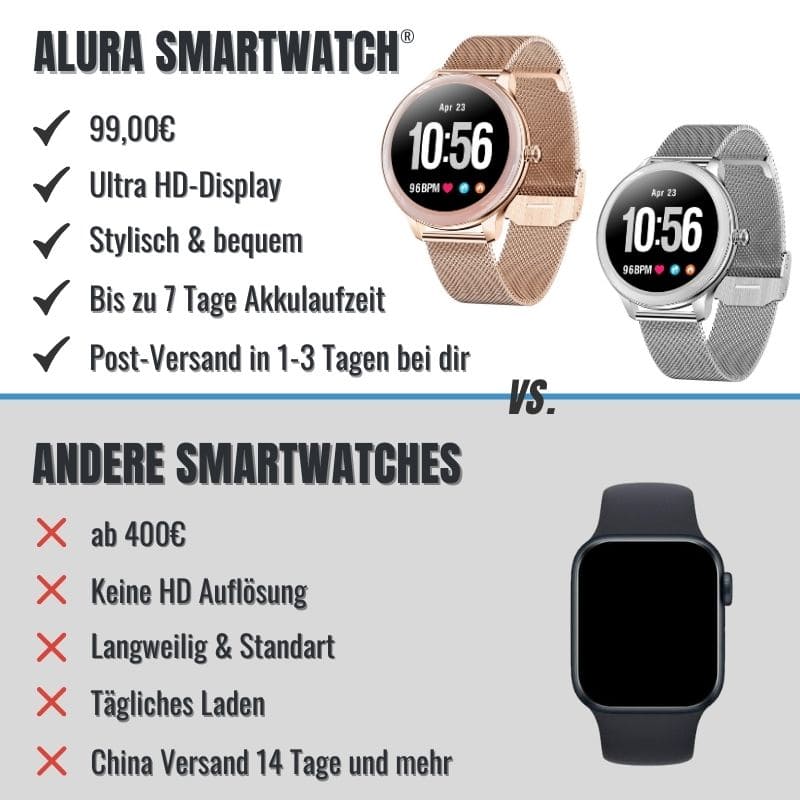 Alura Smartwatch in elegantem Metallgehäuse, dünn und leicht, ideal für Frauen, die Komfort und Stil schätzen.