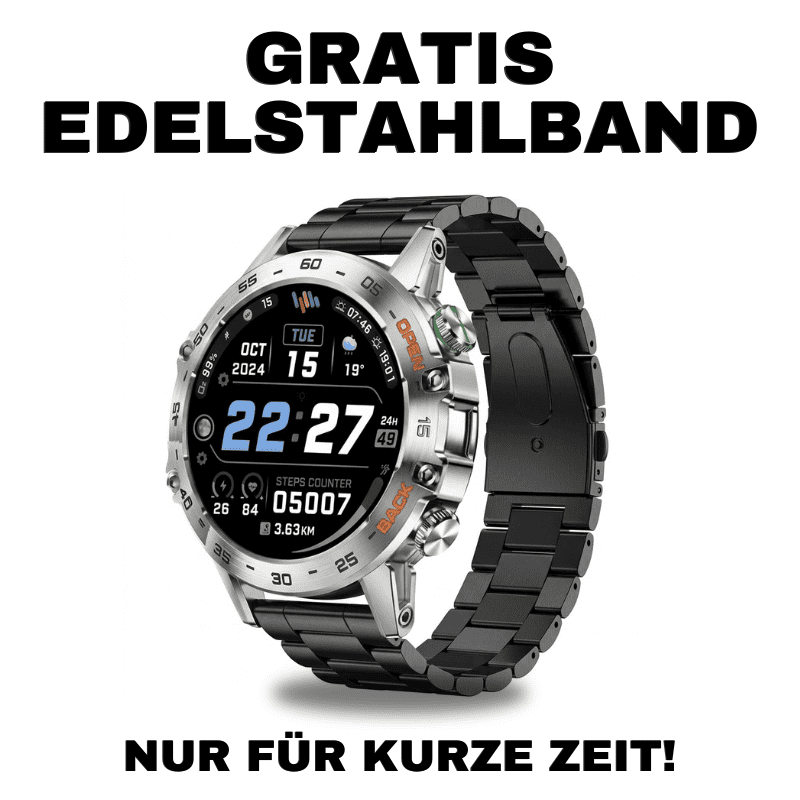 HYPER SMARTWATCH PRO® – alltagstaugliche Smartwatch mit Watchbutton, 14 Tagen Akkulaufzeit, Gesundheitsfunktionen, WhatsApp & Anrufen, robust & wasserfest, inkl. gratis Metall-Armband