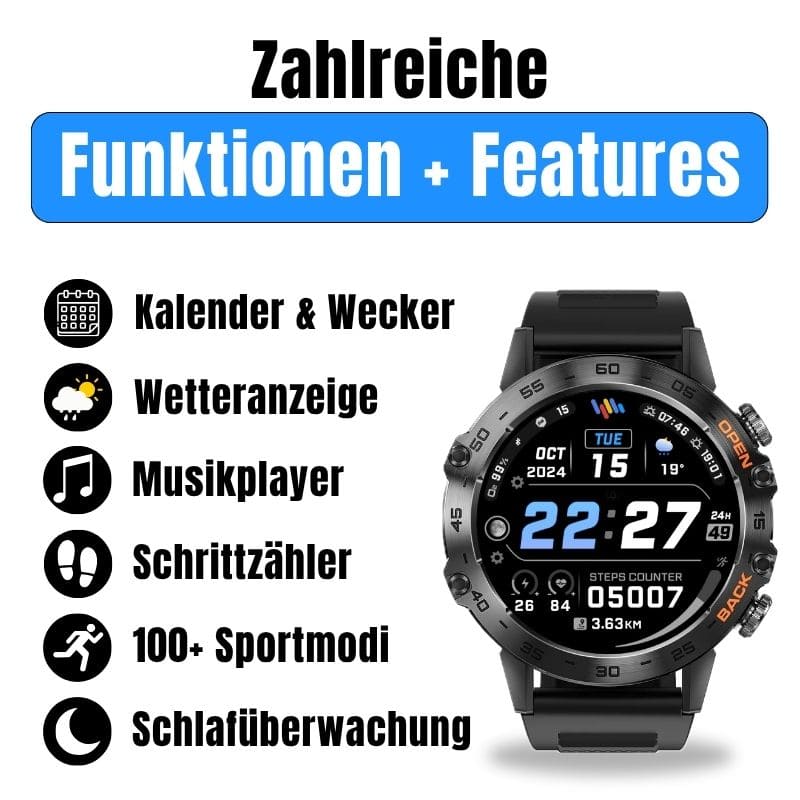 HYPER SMARTWATCH PRO® – alltagstaugliche Smartwatch mit Watchbutton, 14 Tagen Akkulaufzeit, Gesundheitsfunktionen, WhatsApp & Anrufen, robust & wasserfest, inkl. gratis Metall-Armband