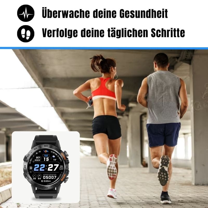 HYPER SMARTWATCH PRO® – alltagstaugliche Smartwatch mit Watchbutton, 14 Tagen Akkulaufzeit, Gesundheitsfunktionen, WhatsApp & Anrufen, robust & wasserfest, inkl. gratis Metall-Armband