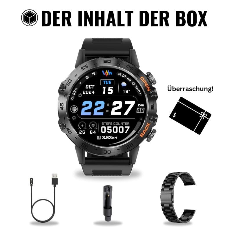 HYPER SMARTWATCH PRO® – alltagstaugliche Smartwatch mit Watchbutton, 14 Tagen Akkulaufzeit, Gesundheitsfunktionen, WhatsApp & Anrufen, robust & wasserfest, inkl. gratis Metall-Armband