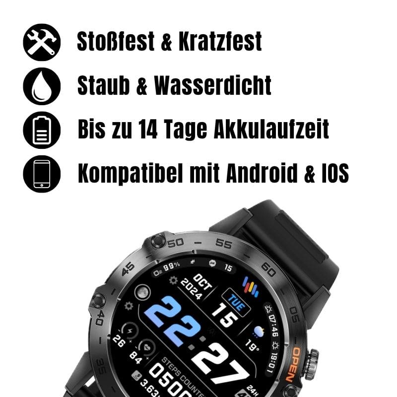 HYPER SMARTWATCH PRO® – alltagstaugliche Smartwatch mit Watchbutton, 14 Tagen Akkulaufzeit, Gesundheitsfunktionen, WhatsApp & Anrufen, robust & wasserfest, inkl. gratis Metall-Armband