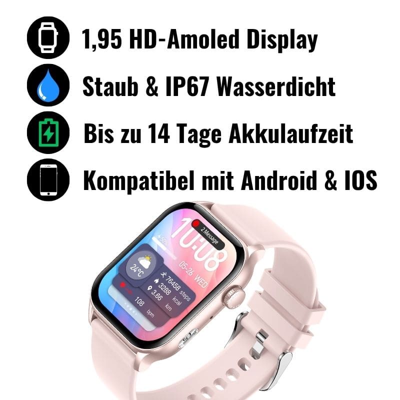 Hyper Smartwatch – stilvolle Smartwatch für Alltag & Sport, lange Akkulaufzeit, Herzfrequenz- und Gesundheits-Tracking, Schrittzähler, Anrufe & Benachrichtigungen direkt am Handgelenk