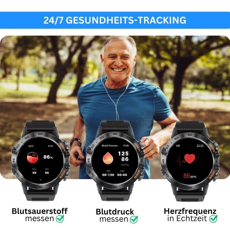 HYPER SMARTWATCH PRO® – alltagstaugliche Smartwatch mit Watchbutton, 14 Tagen Akkulaufzeit, Gesundheitsfunktionen, WhatsApp & Anrufen, robust & wasserfest, inkl. gratis Metall-Armband