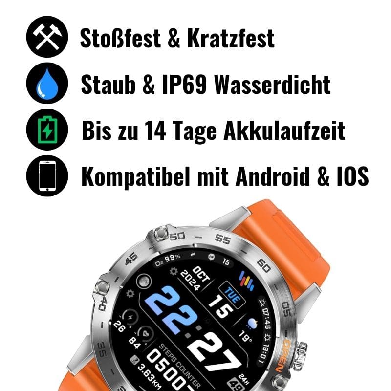 HYPER SMARTWATCH PRO® – alltagstaugliche Smartwatch mit Watchbutton, 14 Tagen Akkulaufzeit, Gesundheitsfunktionen, WhatsApp & Anrufen, robust & wasserfest, inkl. gratis Metall-Armband