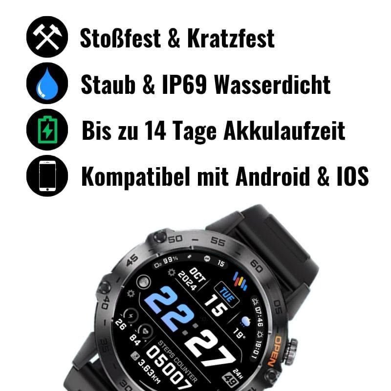 HYPER SMARTWATCH PRO® – alltagstaugliche Smartwatch mit Watchbutton, 14 Tagen Akkulaufzeit, Gesundheitsfunktionen, WhatsApp & Anrufen, robust & wasserfest, inkl. gratis Metall-Armband