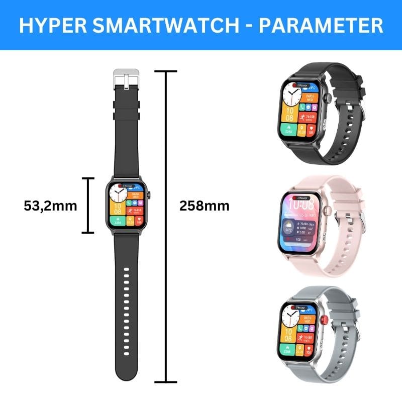 Hyper Smartwatch – stilvolle Smartwatch für Alltag & Sport, lange Akkulaufzeit, Herzfrequenz- und Gesundheits-Tracking, Schrittzähler, Anrufe & Benachrichtigungen direkt am Handgelenk