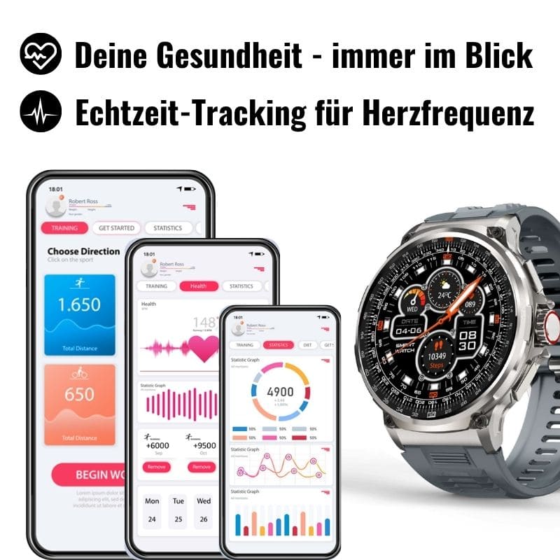 OREXON SMARTWATCH®: Robuste Männer-Smartwatch mit 1,85" HD-Full-Touchscreen, Bluetooth-Anrufen, Herzfrequenz-, Blutdruck- und Blutsauerstoff-Tracking. Integrierte Aktivitäts- und Multisport-Tracker, Schlaf- und Atemüberwachung, Kalorienzähler, Push-Benachrichtigungen von WhatsApp, Instagram & Co. Bis zu 30 Tage Akkulaufzeit, IP68 wasserdicht, LED-Taschenlampe, Musiksteuerung und Sprachassistent – ideal für Alltag, Arbeit, Outdoor-Abenteuer und Gesundheit.