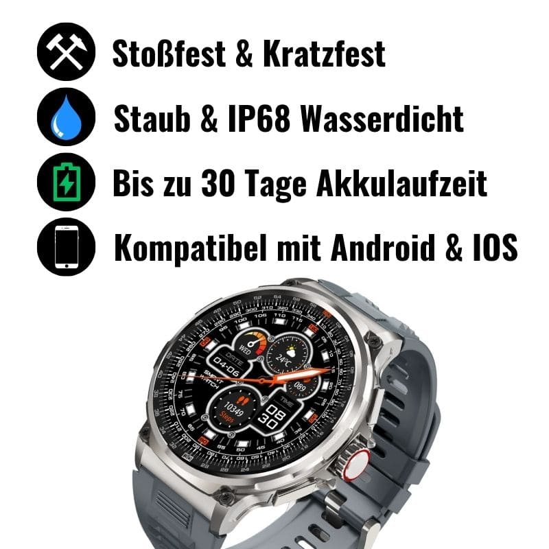 OREXON SMARTWATCH®: Robuste Männer-Smartwatch mit 1,85" HD-Full-Touchscreen, Bluetooth-Anrufen, Herzfrequenz-, Blutdruck- und Blutsauerstoff-Tracking. Integrierte Aktivitäts- und Multisport-Tracker, Schlaf- und Atemüberwachung, Kalorienzähler, Push-Benachrichtigungen von WhatsApp, Instagram & Co. Bis zu 30 Tage Akkulaufzeit, IP68 wasserdicht, LED-Taschenlampe, Musiksteuerung und Sprachassistent – ideal für Alltag, Arbeit, Outdoor-Abenteuer und Gesundheit.