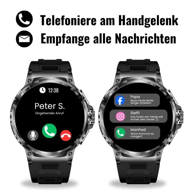 OREXON SMARTWATCH®: Robuste Männer-Smartwatch mit 1,85" HD-Full-Touchscreen, Bluetooth-Anrufen, Herzfrequenz-, Blutdruck- und Blutsauerstoff-Tracking. Integrierte Aktivitäts- und Multisport-Tracker, Schlaf- und Atemüberwachung, Kalorienzähler, Push-Benachrichtigungen von WhatsApp, Instagram & Co. Bis zu 30 Tage Akkulaufzeit, IP68 wasserdicht, LED-Taschenlampe, Musiksteuerung und Sprachassistent – ideal für Alltag, Arbeit, Outdoor-Abenteuer und Gesundheit.