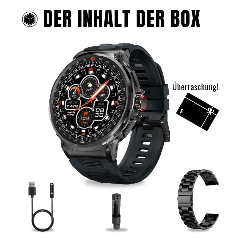 OREXON SMARTWATCH®: Robuste Männer-Smartwatch mit 1,85" HD-Full-Touchscreen, Bluetooth-Anrufen, Herzfrequenz-, Blutdruck- und Blutsauerstoff-Tracking. Integrierte Aktivitäts- und Multisport-Tracker, Schlaf- und Atemüberwachung, Kalorienzähler, Push-Benachrichtigungen von WhatsApp, Instagram & Co. Bis zu 30 Tage Akkulaufzeit, IP68 wasserdicht, LED-Taschenlampe, Musiksteuerung und Sprachassistent – ideal für Alltag, Arbeit, Outdoor-Abenteuer und Gesundheit.