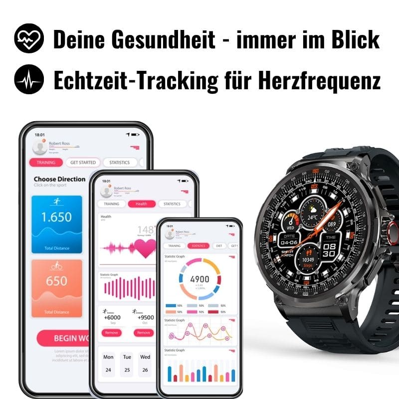 OREXON SMARTWATCH®: Robuste Männer-Smartwatch mit 1,85" HD-Full-Touchscreen, Bluetooth-Anrufen, Herzfrequenz-, Blutdruck- und Blutsauerstoff-Tracking. Integrierte Aktivitäts- und Multisport-Tracker, Schlaf- und Atemüberwachung, Kalorienzähler, Push-Benachrichtigungen von WhatsApp, Instagram & Co. Bis zu 30 Tage Akkulaufzeit, IP68 wasserdicht, LED-Taschenlampe, Musiksteuerung und Sprachassistent – ideal für Alltag, Arbeit, Outdoor-Abenteuer und Gesundheit.