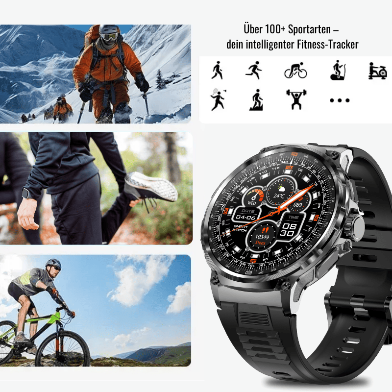 OREXON SMARTWATCH®: Robuste Männer-Smartwatch mit 1,85" HD-Full-Touchscreen, Bluetooth-Anrufen, Herzfrequenz-, Blutdruck- und Blutsauerstoff-Tracking. Integrierte Aktivitäts- und Multisport-Tracker, Schlaf- und Atemüberwachung, Kalorienzähler, Push-Benachrichtigungen von WhatsApp, Instagram & Co. Bis zu 30 Tage Akkulaufzeit, IP68 wasserdicht, LED-Taschenlampe, Musiksteuerung und Sprachassistent – ideal für Alltag, Arbeit, Outdoor-Abenteuer und Gesundheit