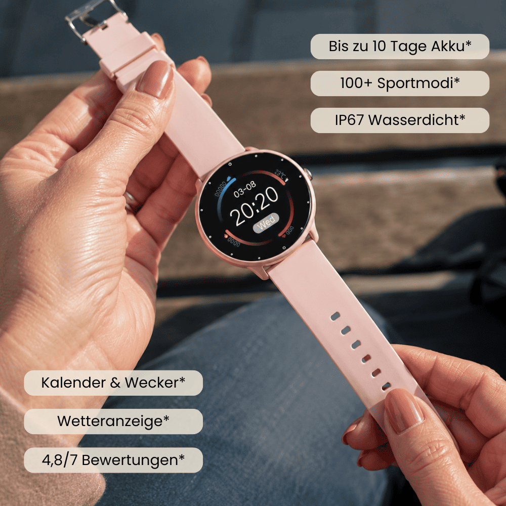 ONDORA – Fit Smartwatch für deinen Alltag
Bis zu 7 Tage Akkulaufzeit, Anrufe direkt über die Uhr, WhatsApp-Benachrichtigungen und smarte Gesundheitsfunktionen wie Schlafanalyse, Schrittzähler und Kalorienübersicht – alles, was du brauchst, an deinem Handgelenk.
Robust, alltagstauglich und geschützt vor Stößen, Staub und Wasser.