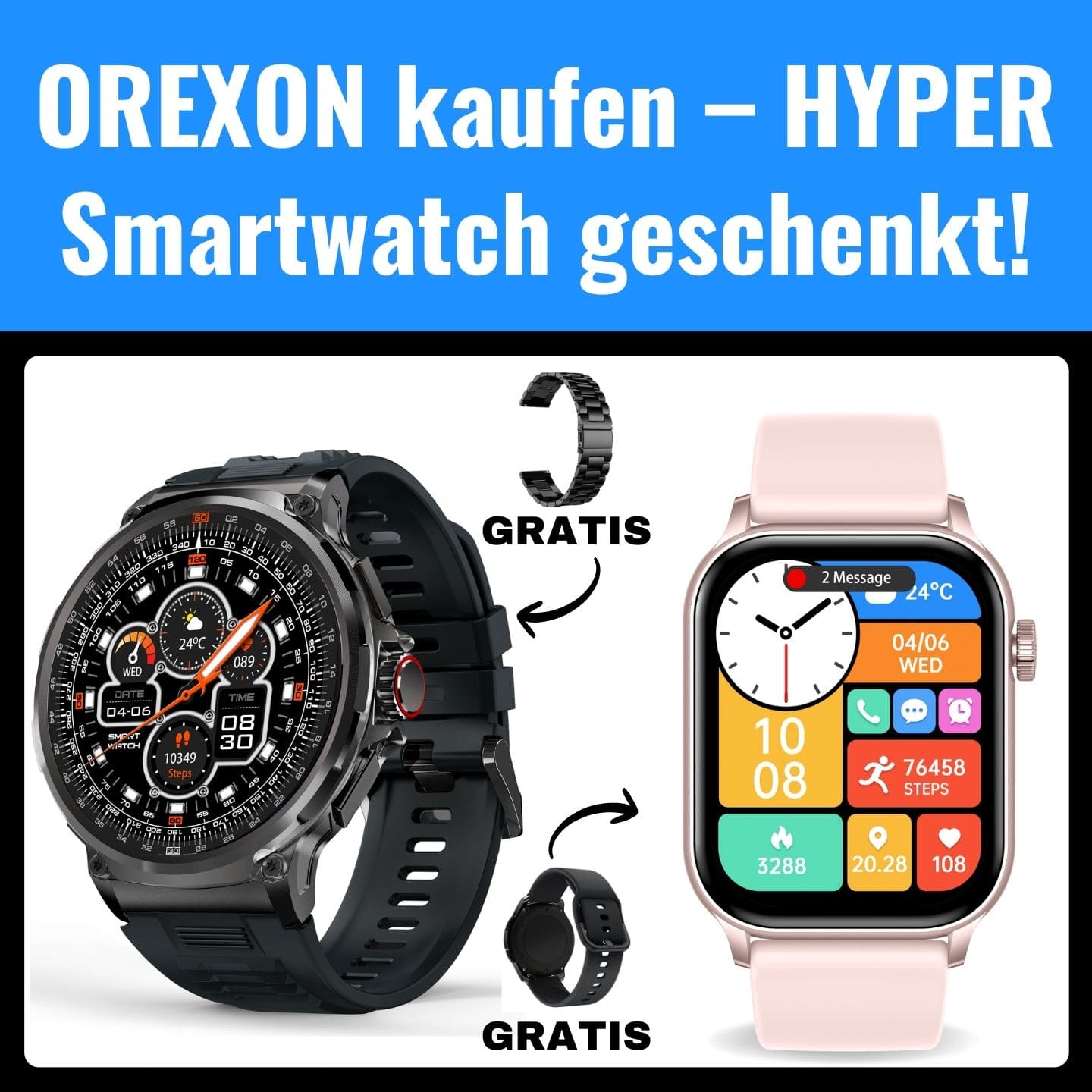 Orexon Smartwatch - Spar Set. 🔋 30+ Tage Akkulaufzeit – Power
📞 Anruffunktion – WhatsApp & Co.
💪 Kratzfest, stoßfest & wasserdicht
🏃♂️➡️ Gesundheitswerte im Blick behalten
🌎 5 Zeitzonen – perfekt für Reisen
⌚ Kompatibel mit Apple und Android