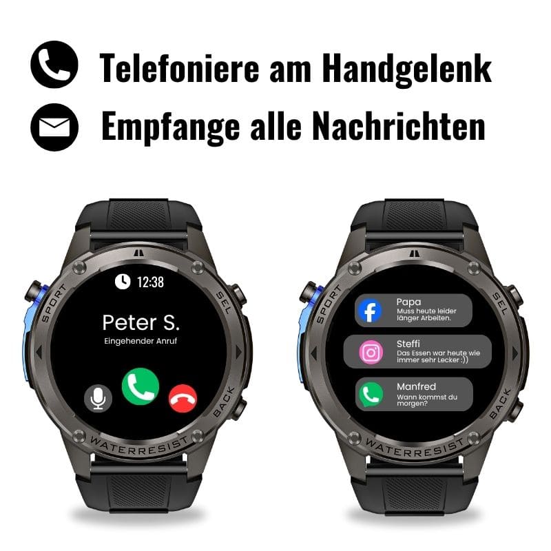 STONE – GPS SMARTWATCH®: Robuste High-End-Smartwatch mit 1,43" HD-Display, integrierter GPS-Funktion, Anruffunktion und Benachrichtigungen von WhatsApp, Instagram & Facebook. Bis zu 21 Tage Akkulaufzeit, Weltuhr, Wetteranzeige, SOS-Notruftaste, Kompass und Zyklus-Tracking – ideal für Alltag, Arbeit, Abenteuer und Gesundheit.