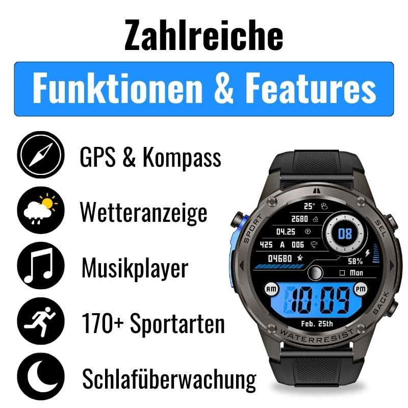 STONE – GPS SMARTWATCH®: Robuste High-End-Smartwatch mit 1,43" HD-Display, integrierter GPS-Funktion, Anruffunktion und Benachrichtigungen von WhatsApp, Instagram & Facebook. Bis zu 21 Tage Akkulaufzeit, Weltuhr, Wetteranzeige, SOS-Notruftaste, Kompass und Zyklus-Tracking – ideal für Alltag, Arbeit, Abenteuer und Gesundheit.