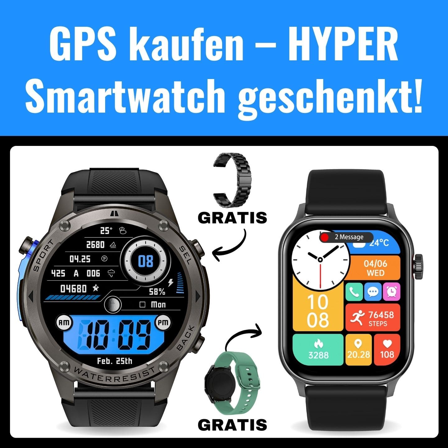 STONE – GPS SMARTWATCH® Spar-Set:
Extrem robuste Smartwatch mit großem 1,85" Display, integrierter GPS-Funktion, Anruffunktion sowie Benachrichtigungen von WhatsApp, Instagram und Facebook.
Mit bis zu 30 Tagen Akkulaufzeit, Weltuhr mit Wetteranzeige, SOS-Notruftaste, Kompass und Zyklus-Tracking – perfekt für Alltag, Abenteuer und Gesundheit.