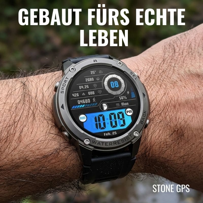 STONE – GPS SMARTWATCH®: Robuste High-End-Smartwatch mit 1,43" HD-Display, integrierter GPS-Funktion, Anruffunktion und Benachrichtigungen von WhatsApp, Instagram & Facebook. Bis zu 21 Tage Akkulaufzeit, Weltuhr, Wetteranzeige, SOS-Notruftaste, Kompass und Zyklus-Tracking – ideal für Alltag, Arbeit, Abenteuer und Gesundheit.