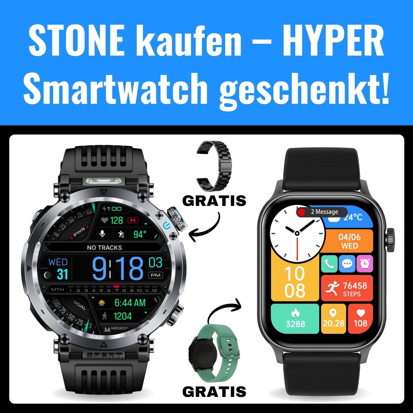 STONE SMARTWATCH PRO® (Spar-Set): Die robuste Smartwatch für den Arbeitsalltag und Handwerker!
Trotzt Stößen, Staub und Wasser – perfekt für harte Bedingungen. Mit einer Akkulaufzeit von 21 Tagen, Anruffunktion, WhatsApp-Benachrichtigungen und umfassender Gesundheitsüberwachung (Schlaf, Kalorien, Schritte) bist du bestens ausgestattet. Kauf auf Rechnung, einfacher Rücksendung, kostenlosem Versand und einer 30 Tage Geld-zurück-Garantie.
