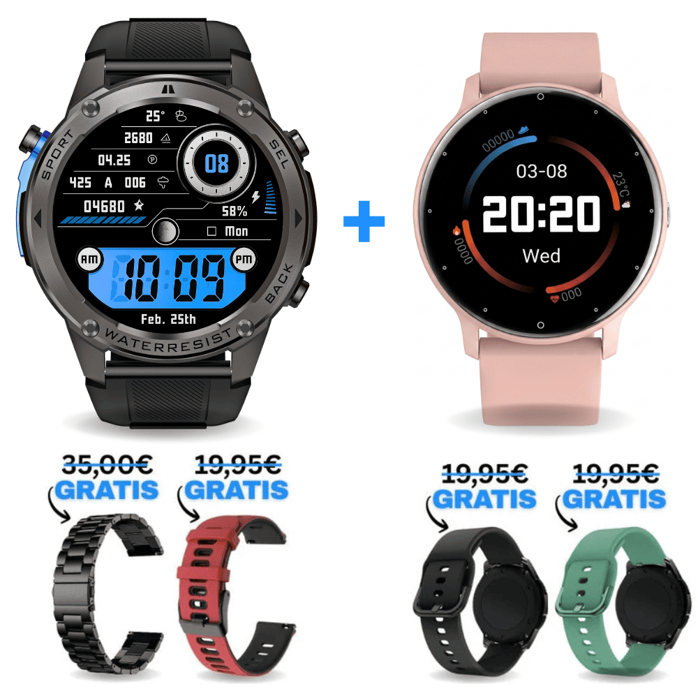 STONE GPS & ONDORA-FIT® Pärchen-Set: Die extrem robuste Stone Smartwatch in Schwarz und die elegante Hyper Premium in Rosa inklusive 4 gratis Wechselarmbändern. Funktionen: 21 Tage Akku, Anruffunktion, WhatsApp & SOS-Notruf.