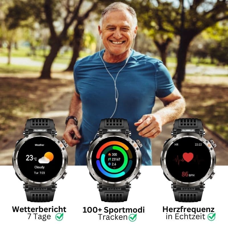 Stone Smartwatch® – extrem robuste Smartwatch mit Anruffunktion, WhatsApp-Benachrichtigungen, bis zu 21 Tagen Akkulaufzeit, Instagram- und Facebook-Benachrichtigungen, SOS-Notruftaste und integriertem Kompass.