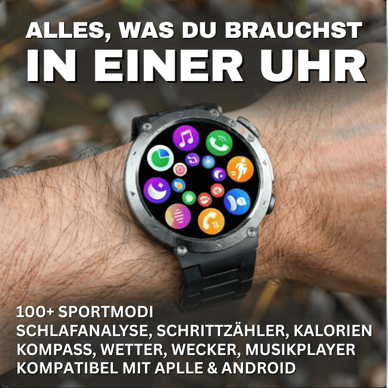 Stone Smartwatch® – extrem robuste Smartwatch mit Anruffunktion, WhatsApp-Benachrichtigungen, bis zu 21 Tagen Akkulaufzeit, Instagram- und Facebook-Benachrichtigungen, SOS-Notruftaste und integriertem Kompass.