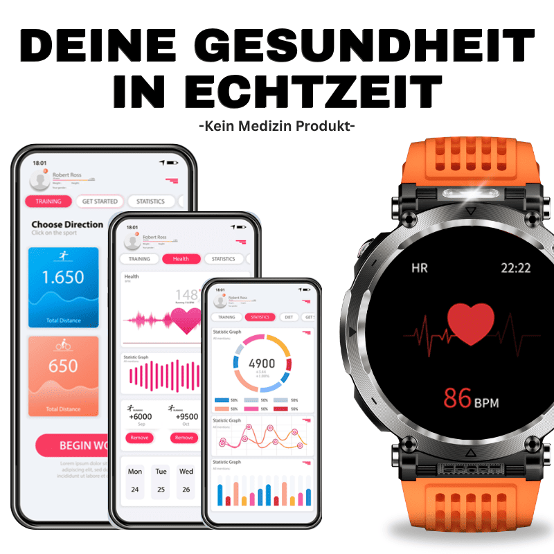 Stone Smartwatch® – extrem robuste Smartwatch mit Anruffunktion, WhatsApp-Benachrichtigungen, bis zu 21 Tagen Akkulaufzeit, Instagram- und Facebook-Benachrichtigungen, SOS-Notruftaste und integriertem Kompass.