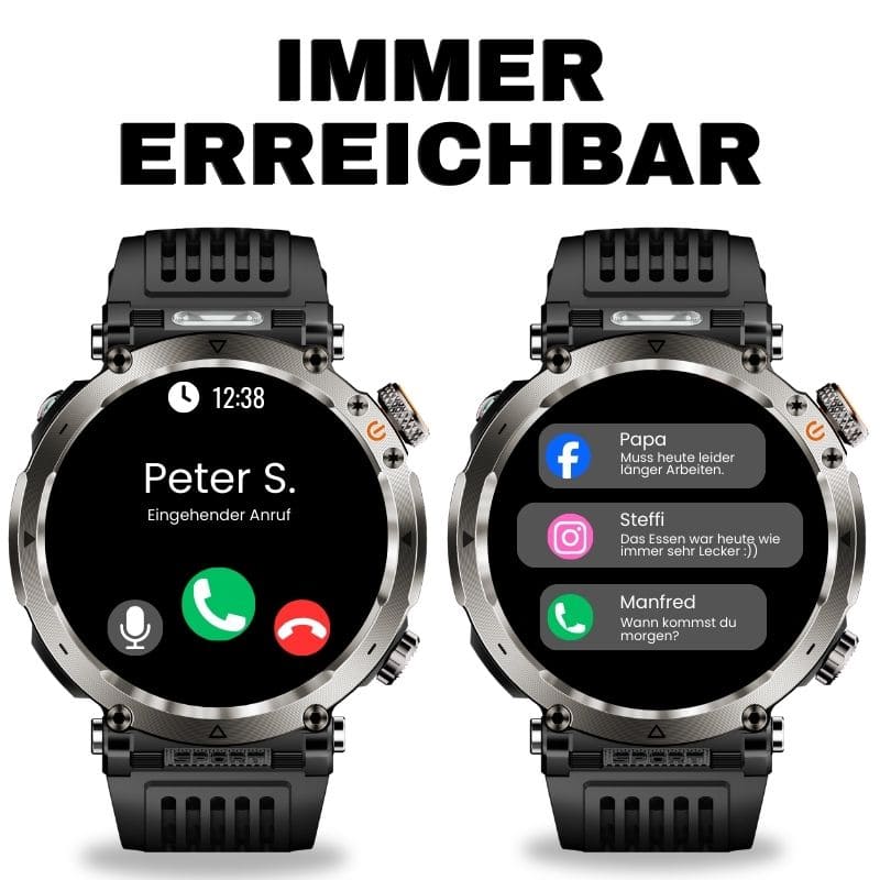 Stone Smartwatch® – extrem robuste Smartwatch mit Anruffunktion, WhatsApp-Benachrichtigungen, bis zu 21 Tagen Akkulaufzeit, Instagram- und Facebook-Benachrichtigungen, SOS-Notruftaste und integriertem Kompass.