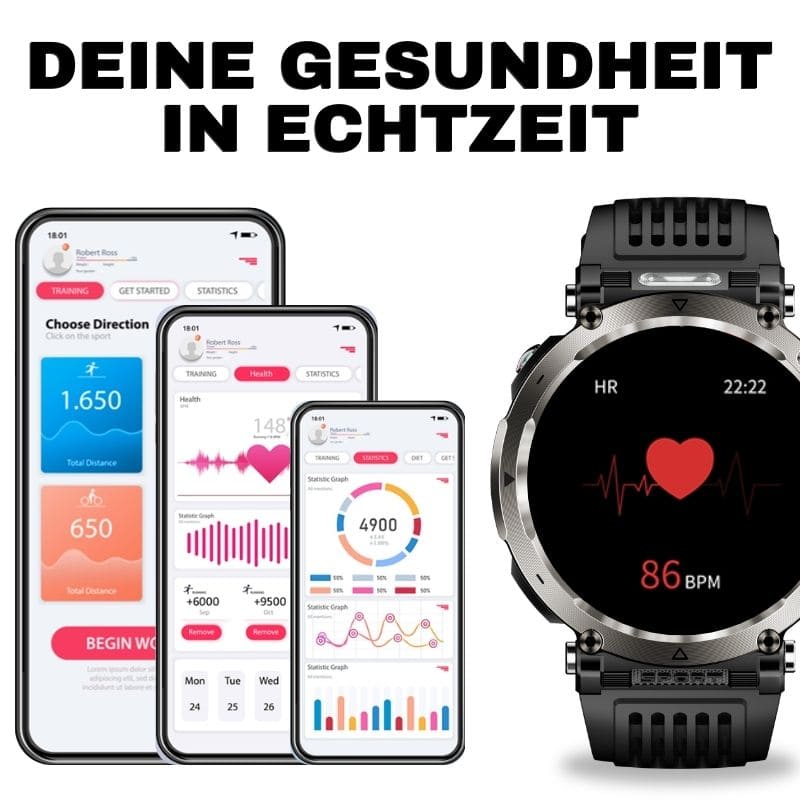 Stone Smartwatch® – extrem robuste Smartwatch mit Anruffunktion, WhatsApp-Benachrichtigungen, bis zu 21 Tagen Akkulaufzeit, Instagram- und Facebook-Benachrichtigungen, SOS-Notruftaste und integriertem Kompass.