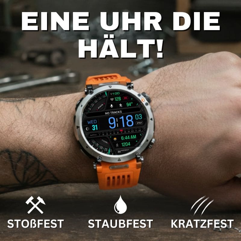 Stone Smartwatch® – extrem robuste Smartwatch mit Anruffunktion, WhatsApp-Benachrichtigungen, bis zu 21 Tagen Akkulaufzeit, Instagram- und Facebook-Benachrichtigungen, SOS-Notruftaste und integriertem Kompass.