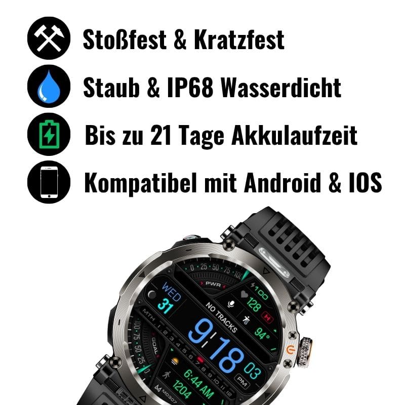 Stone Smartwatch® – extrem robuste Smartwatch mit Anruffunktion, WhatsApp-Benachrichtigungen, bis zu 21 Tagen Akkulaufzeit, Instagram- und Facebook-Benachrichtigungen, SOS-Notruftaste und integriertem Kompass.
