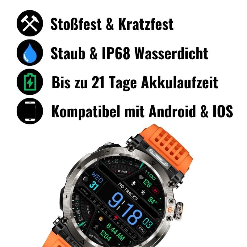Stone Smartwatch® – extrem robuste Smartwatch mit Anruffunktion, WhatsApp-Benachrichtigungen, bis zu 21 Tagen Akkulaufzeit, Instagram- und Facebook-Benachrichtigungen, SOS-Notruftaste und integriertem Kompass.