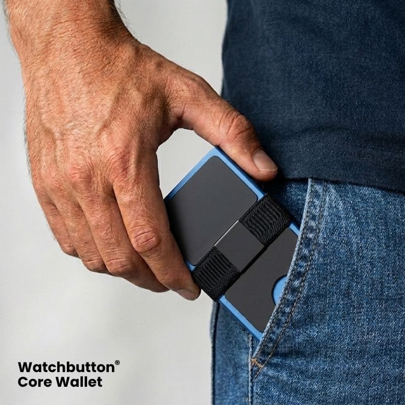 Watchbutton® Core Wallet mit One-Click Kartenzugriff, RFID-Schutz, sicherem Bargeldband und Platz für bis zu 15 Karten