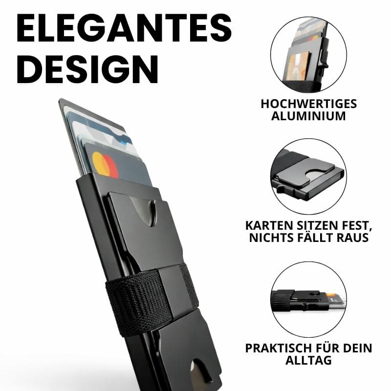 Watchbutton® Core Wallet mit One-Click Kartenzugriff, RFID-Schutz, sicherem Bargeldband und Platz für bis zu 15 Karten