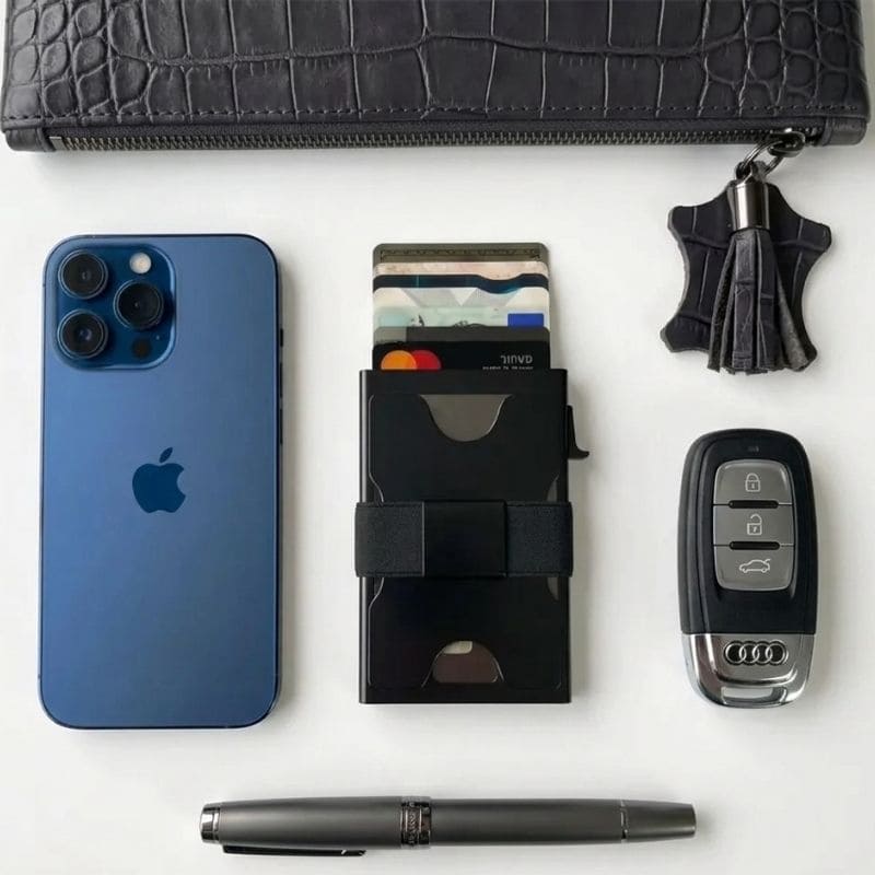 Watchbutton® Core Wallet mit One-Click Kartenzugriff, RFID-Schutz, sicherem Bargeldband und Platz für bis zu 15 Karten
