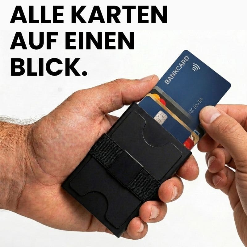 Watchbutton® Core Wallet mit One-Click Kartenzugriff, RFID-Schutz, sicherem Bargeldband und Platz für bis zu 15 Karten