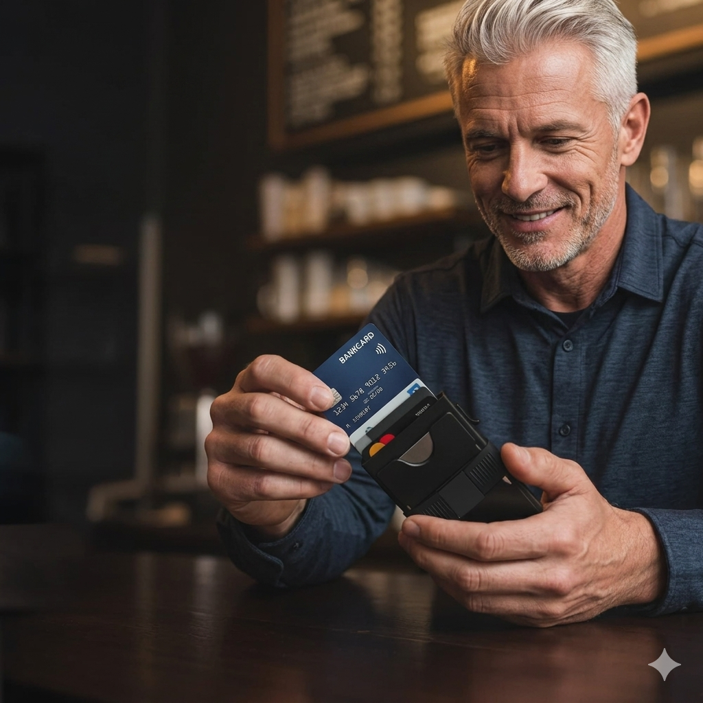 Watchbutton® Core Wallet mit One-Click Kartenzugriff, RFID-Schutz, sicherem Bargeldband und Platz für bis zu 15 Karten
