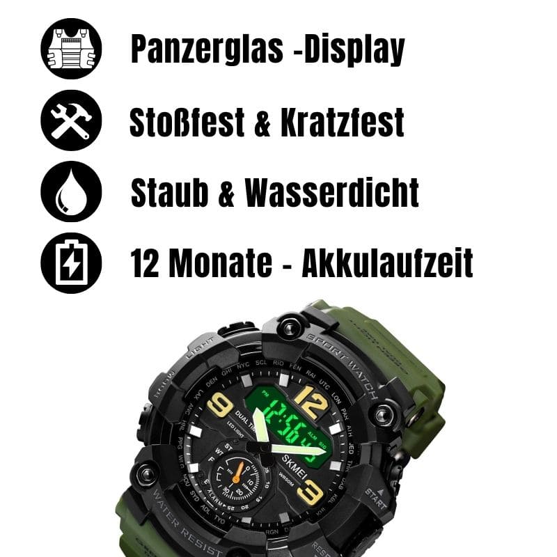 Robuste D-Shock Uhr bei Watchbutton mit stoßfestem Edelstahlgehäuse und kratzfestem Acrylglas für maximale Stabilität im Alltag