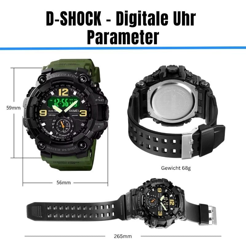 Robuste D-Shock Uhr bei Watchbutton mit stoßfestem Edelstahlgehäuse und kratzfestem Acrylglas für maximale Stabilität im Alltag