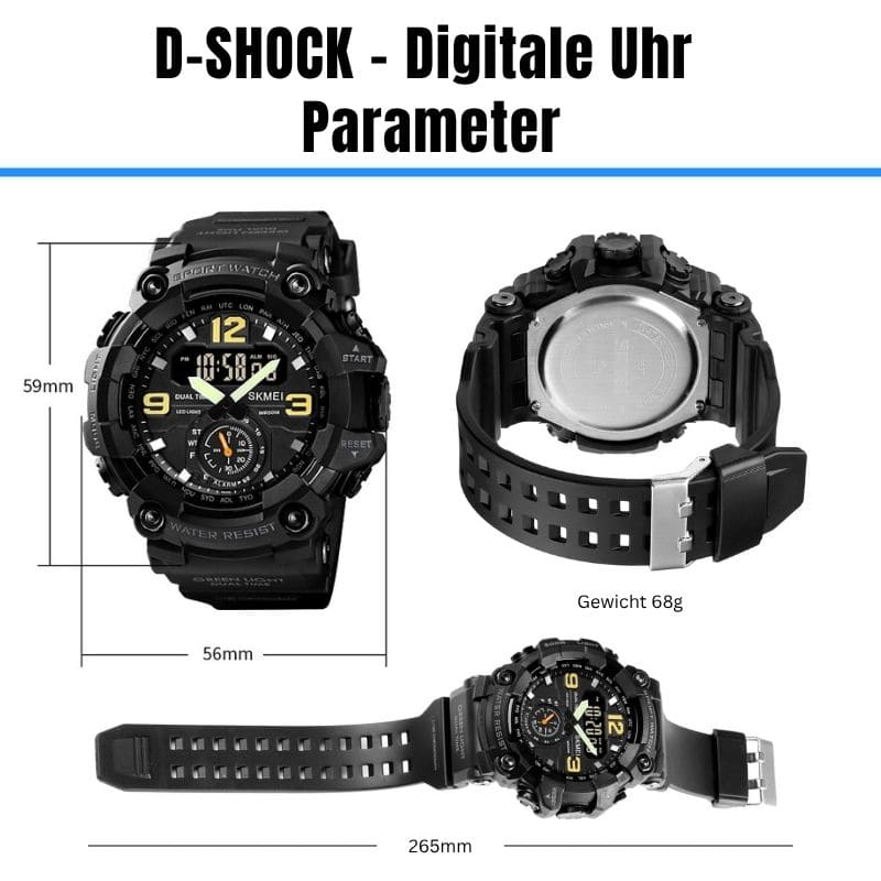Robuste D-Shock Uhr bei Watchbutton mit stoßfestem Edelstahlgehäuse und kratzfestem Acrylglas für maximale Stabilität im Alltag