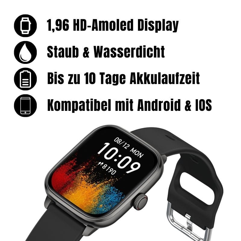Die Dayno Smartwatch – dein smarter Fitness-Begleiter für den Alltag.
Mit Schrittzähler, Kalorien- und Herzfrequenz-Tracking, langer Akkulaufzeit und über 100 Sportmodi bleibst du aktiv und organisiert – jeden Tag!