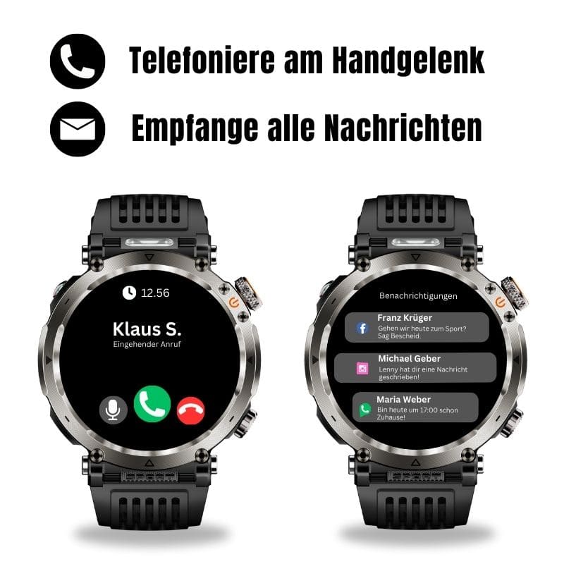 Stone Smartwatch® – extrem robuste Smartwatch mit Anruffunktion, WhatsApp-Benachrichtigungen, bis zu 21 Tagen Akkulaufzeit, Instagram- und Facebook-Benachrichtigungen, SOS-Notruftaste und integriertem Kompass.