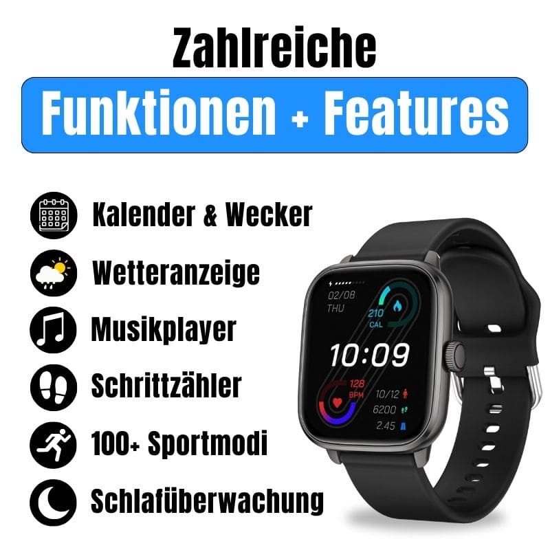 Die Dayno Smartwatch – dein smarter Fitness-Begleiter für den Alltag.
Mit Schrittzähler, Kalorien- und Herzfrequenz-Tracking, langer Akkulaufzeit und über 100 Sportmodi bleibst du aktiv und organisiert – jeden Tag!