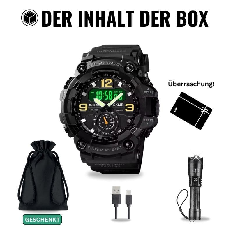 Robuste D-Shock Uhr bei Watchbutton mit stoßfestem Edelstahlgehäuse und kratzfestem Acrylglas für maximale Stabilität im Alltag